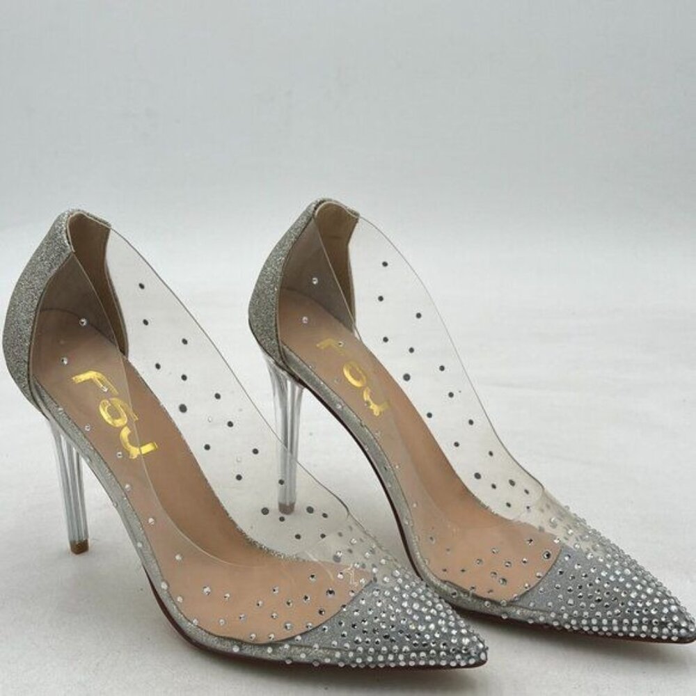 FSJ Silver Women Studded Pointed Toe Transparent Pumps High Heels Shoes